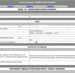 Fragment księgi wieczystej mieszkania w bloku: opis lokalu, kondygnacja, powierzchnia.