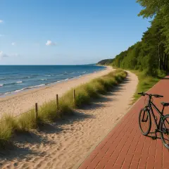 Rower czeka na ścieżce przy piaszczystej plaży. Idealna trasa nad morzem z widokiem na spokojne fale i zielony las.