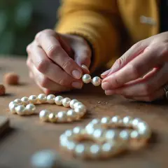 Hände fädeln Perlen auf, um Schmuck zu kreieren. Hier entstehen individuelle Perlen Ringe selber machen.
