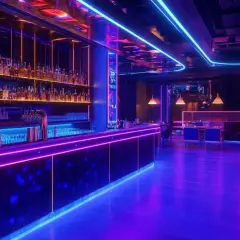 Bar moderno con iluminación led azul y morada. Botellas en estanterías, barra con luces y mesas con sofás en el fondo. Una barra led empotrable techo ilumina el ambiente.