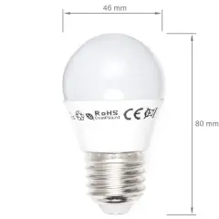 Biała, kulista lampa LED z gwintem, oznaczona symbolami RoHS i CE. Wymiary: 46 mm szerokości, 80 mm wysokości.