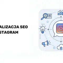 Optymalizacja SEO Instagram: ikona aplikacji, wykresy, żarówki, chmura, głośnik, lupa, hasztagi.