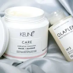 Keune Keratin Smooth Mask och Olaplex Hair Perfector. En bra hårinpackning för frissigt hår.