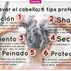 Manos lavando cabello con espuma, mostrando 6 pasos para un lavado profesional. El paso 2 es "Shampoo".