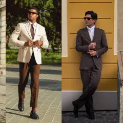 Eleganccy mężczyźni w stylizacjach w odcieniach **kolor mocca**. Od brązowych spodni i koszuli, po garnitur w tym samym kolorze i stylową kurtkę.