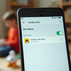 Ekran telefonu z aplikacją Family Link. Widoczna opcja "Ser tibous" i "Family Link Hine". W tle dzieci. Jak odinstalować Family Link?