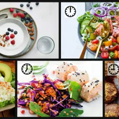Fem bilder visar olika rätter som passar för antiinflammatorisk kost: yoghurt med bär, lax med sallad, keso med avokado, laxspett med linser och bollar med nötter.