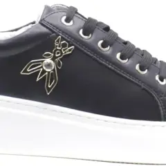 Black Patrizia Pepe sneaker with gold bee logo and white platform sole.