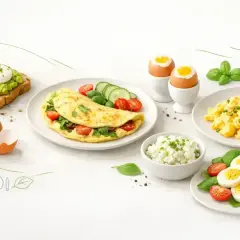 Różnorodne jajka na śniadanie: jajko w koszulce na awokado, omlet z pomidorkami, jajecznica, jajka na twardo i twarożek.