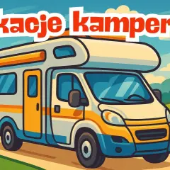Kolorowy kamper na drodze pośród zielonych wzgórz. Czas na wakacje kamperem!