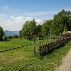 Två vandrare följer en grusväg längs en gärdesgård på St. Olavsleden. En sjö syns i bakgrunden.