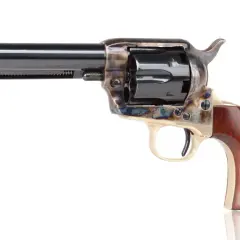 Rewolwer Colt Cattleman Inox z drewnianą rękojeścią, lufą i bębenkiem.