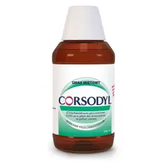 Płyn Corsodyl o smaku miętowym, 0,2% chlorheksydyny. Pomaga w gojeniu dziąseł po wyrwaniu zęba, działa przeciwbakteryjnie.