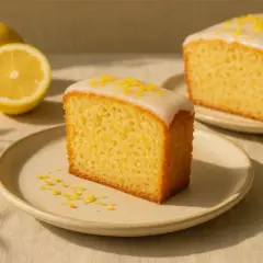 Ein Stück saftiger, veganer Zitronenkuchen mit Zuckerguss und Zitronenschale bestreut, daneben frische Zitronen.