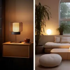 Una lámpara de noche de diseño moderno y otra lámpara esférica iluminan un salón acogedor.