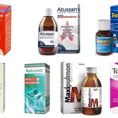 Leki na kaszel: Sinecod, Atussan, Theraflu, Supremin, Natussic, Maxipulmon, Toselix. Wszystkie zawierają butamiratu cytrynian, substancję czynną leków przeciwkaszlowych.