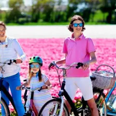 Familia disfrutando de un paseo en bici por campos de tulipanes rosas en Holanda.