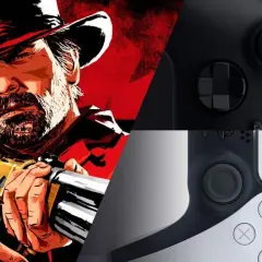 Arthur Morgan im Red Dead Redemption 2 Stil, neben PS5-Controllern. Ein Upgrade für das Spiel auf PS5 wäre fantastisch!