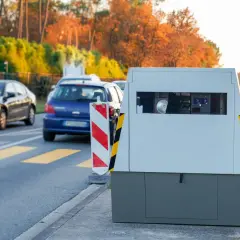 Un radar fixe sur le bord de la route, avec des voitures passant. J'ai bien peur que je me suis fait flashé.