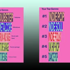 Two Spotify Wrapped style lists of top music genres, featuring bold, colorful text in the distinctive spotify wrapped font.
