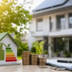 Casa modelo con etiqueta de eficiencia energética y pilas de monedas, simbolizando hipotecas verdes y ahorro.