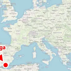 Mapa Europy z zaznaczoną na czerwono Malagą. Gdzie jest Malaga? Na południu Hiszpanii, nad Morzem Śródziemnym.
