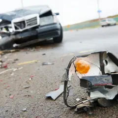 Rozbity reflektor leży na drodze obok zniszczonego samochodu. To dowód na to, że nawet drobna kolizja może przerodzić się w poważny wypadek.