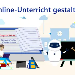 Eine Schülerin lernt am Laptop, ein Roboter und ein Schüler am Whiteboard – Illustration für eine online-unterricht plattform.