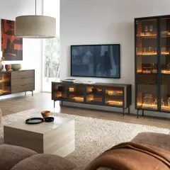 Modernes Wohnzimmer mit gemütlicher Couch. Ein Sideboard und Vitrinenschrank in grau und braun kombinieren, beleuchtet mit warmem Licht.