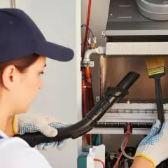 Technicienne effectuant le ramonage d'une chaudière à condensation avec un aspirateur et une brosse.