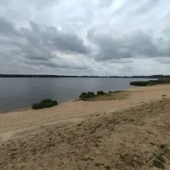 Plaża nad zalewem porajskim pod pochmurnym niebem. Woda spokojna, brzeg piaszczysty z kępami zieleni.