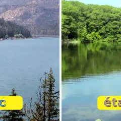 Comparaison visuelle : un grand lac bordé de montagnes et d'arbres, face à un étang plus petit entouré de verdure.