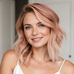 Lächelnde Frau mit welligem, erdbeerblondem Balayage-Haar und Sommersprossen.