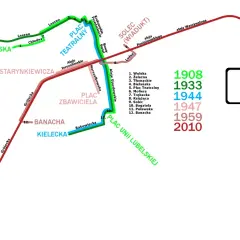 Mapa tras tramwajowych w Warszawie. Linia 9, która w 1944 roku jechała przez Plac Teatralny, dziś ma zmienioną trasę.