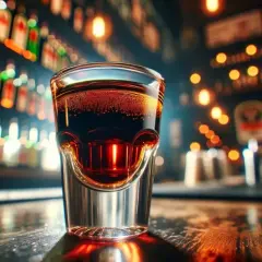 Mroczny, kuszący kieliszek z drinkiem z jagerem, lśniącymi bąbelkami, na tle rozmytych butelek i świateł baru.