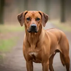 Ein stolzer afrikanischer Jagdhund steht auf einem Waldweg. Sein glänzendes, rotbraunes Fell und seine aufmerksamen Augen strahlen Kraft und Intelligenz aus.