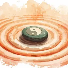Pietra con simbolo Yin e Yang su un letto di sabbia rastrellata, evocando la pace del Tao Te Ching.