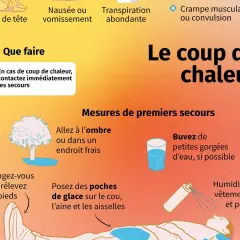 Infographie expliquant comment soigner un coup de chaleur : aller à l'ombre, boire de l'eau, humidifier la peau, allonger la personne et surélever ses pieds.