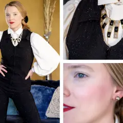 Elegancka kobieta w błyszczącym kombinezonie i naszyjniku, stylizacja inspirowana francuską firmą odzieżową.