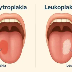 Dwa obrazy jamy ustnej pokazujące zmiany na języku: erytroplakię (czerwona plama) i leukoplakię (biała plama). Wczesne objawy raka jamy ustnej.