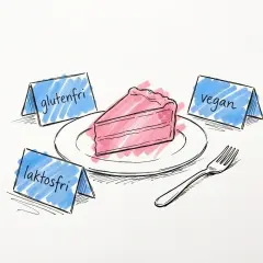 En rosa tårtbit på en tallrik, omgiven av skyltar som indikerar olika sorters tårtor: glutenfri, laktosfri och vegan.