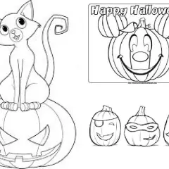 Gato negro sentado en una calabaza sonriente, y otras calabazas para colorear e imprimir.