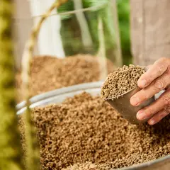 Dłoń wsypuje do dużej misy drobne, brązowe granulki. To idealne podłoże mineralne dla roślin, które zapewni im doskonały drenaż i napowietrzenie.