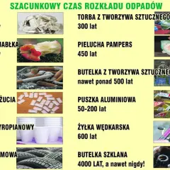 Papier rozkłada się 6 miesięcy. Tabela pokazuje szacunkowy czas rozkładu różnych odpadów, od papieru po butelki szklane.