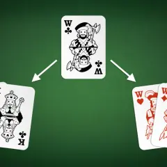 Karty Dama i Król karo tworzą sekwens w kartach. Król trefl z toporem jest w centrum.