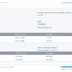Speicherpool 1 mit RAID 1 (Spiegelung) und SSD-Cache. Zwei 14,6 TB HDDs und zwei 465,8 GB M.2 SSDs sind im Einsatz.