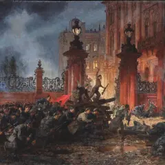 Multitud en combate, con rifles y una bandera roja, en medio de la noche. La escena evoca la intensidad de la **revolución rusa**.