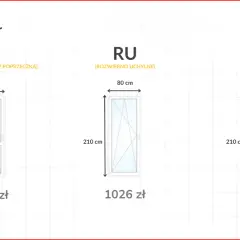 Okno balkonowe wymiary: 80x210 cm. Dostępne modele RU i R.
