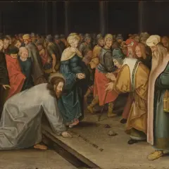 Jezus pisze palcem po ziemi, gdy tłum osądza kobietę. Obraz przypomina o sumieniu po polsku i o tym, że każdy ma swoje grzechy.