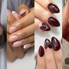 Manicure autunnali: unghie nude con glitter, french con marrone, bordeaux con cuori e verde militare. Perfette per unghie ottobre.
